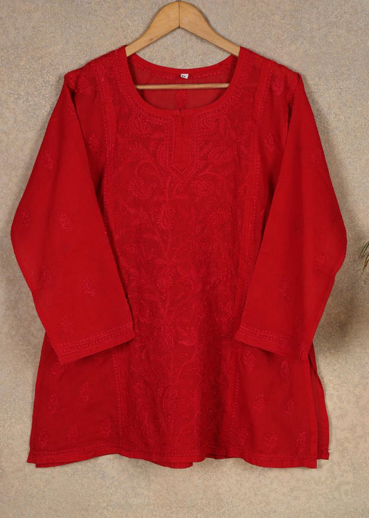 Firgun Red Lucknowi Chikankari Cotton Top