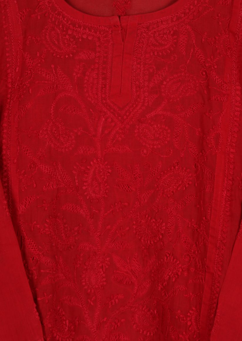 Firgun Red Lucknowi Chikankari Cotton Top