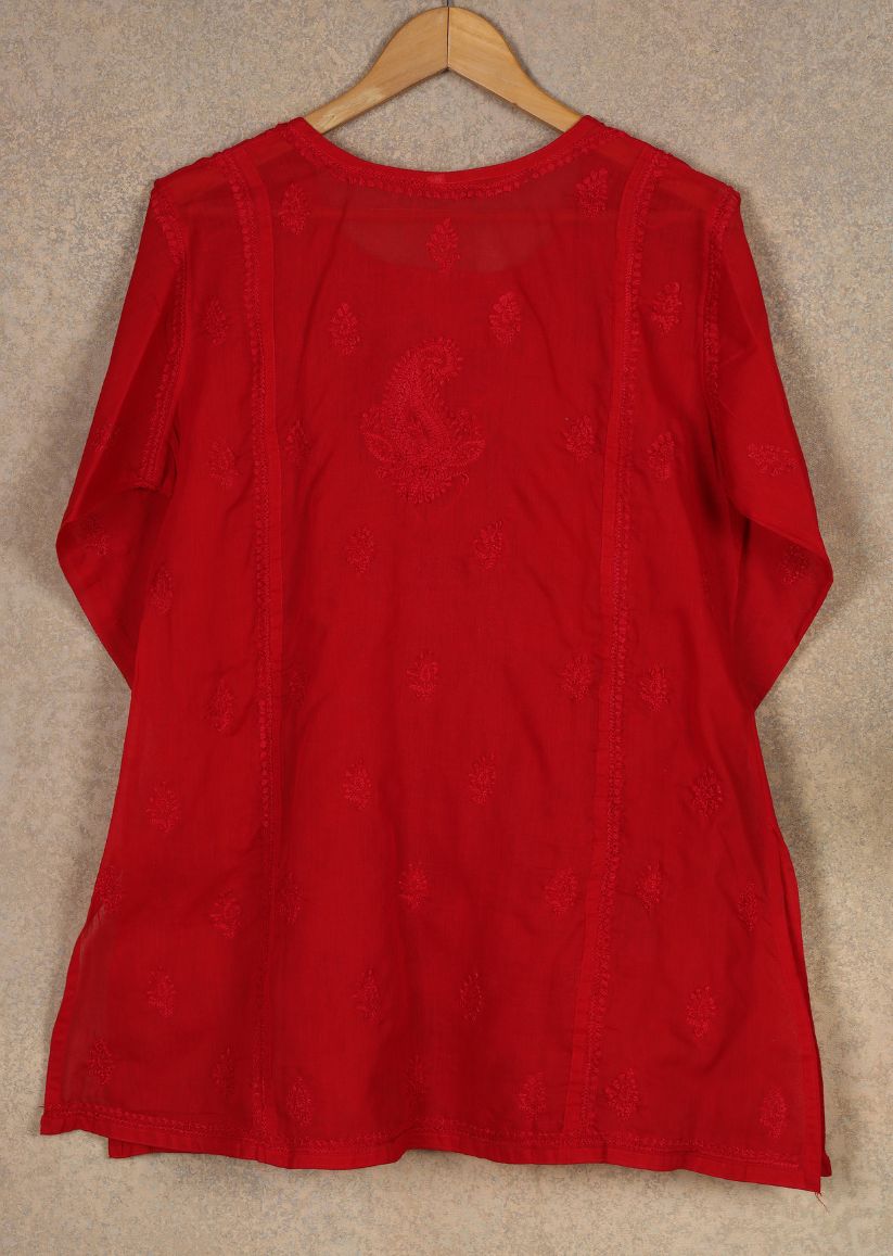 Firgun Red Lucknowi Chikankari Cotton Top