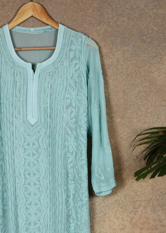 Firgun Sea Green Lucknowi Chikankari Viscose Georgette Kurta