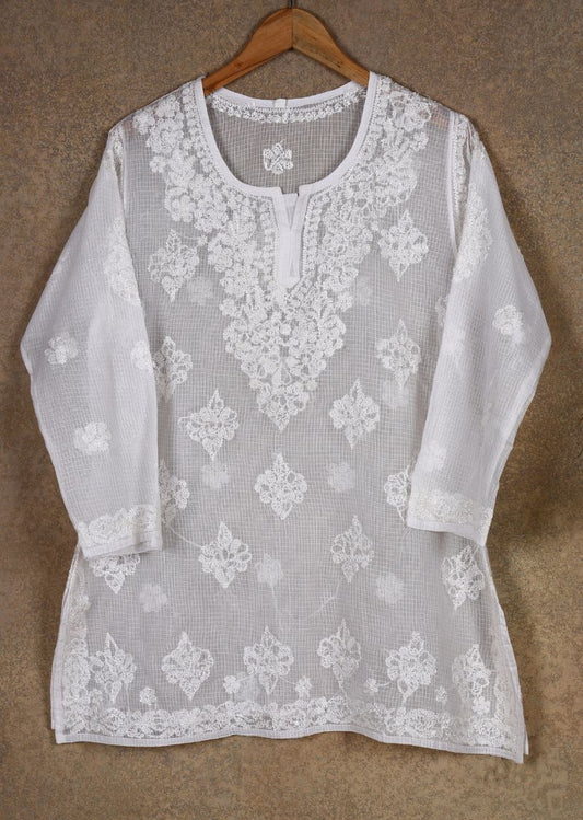 Firgun White Lucknowi Chikankari Kota Cotton Top