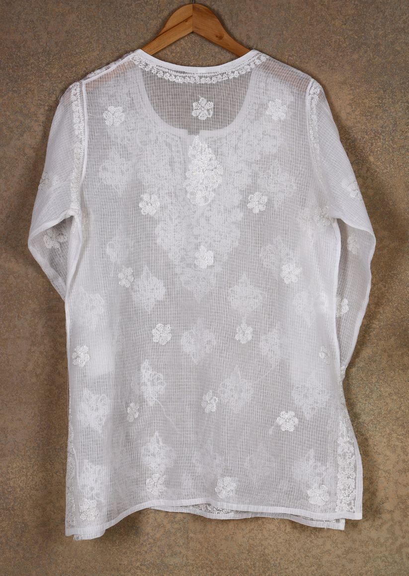 Firgun White Lucknowi Chikankari Kota Cotton Top
