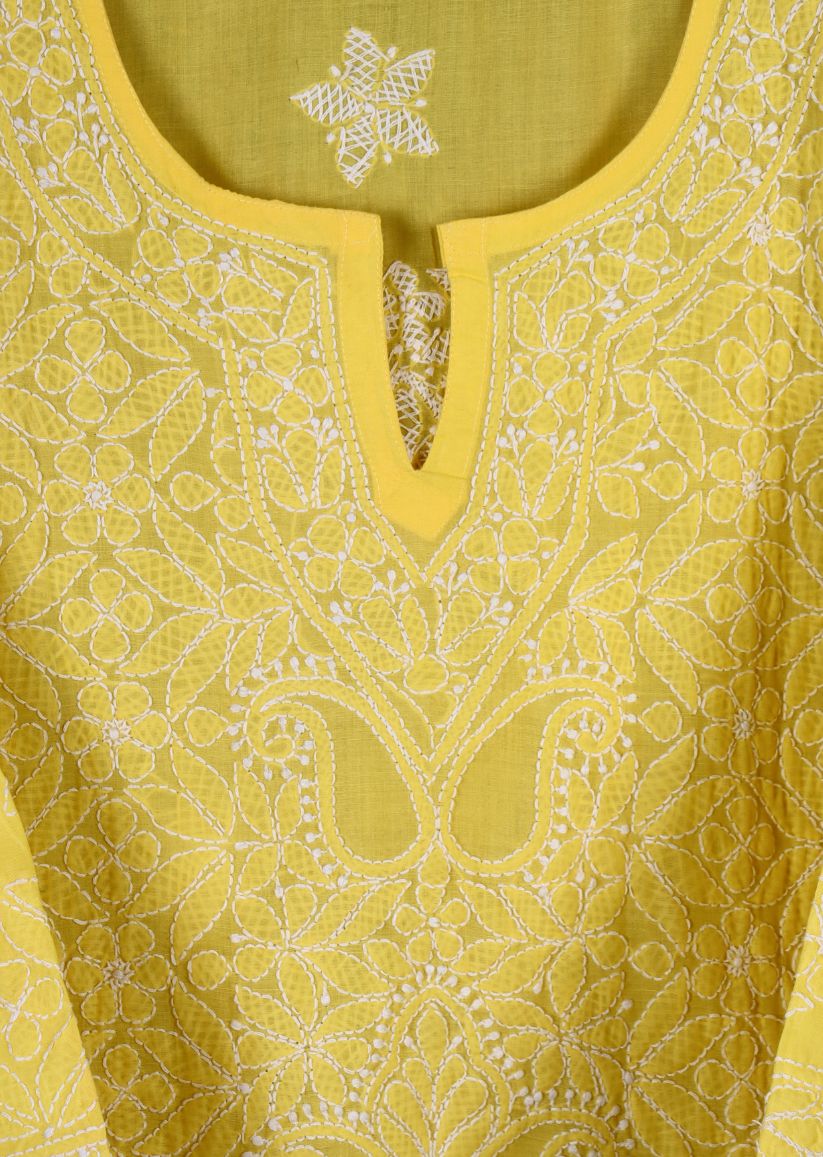 Firgun Yellow Lucknowi Chikankari Cotton Top