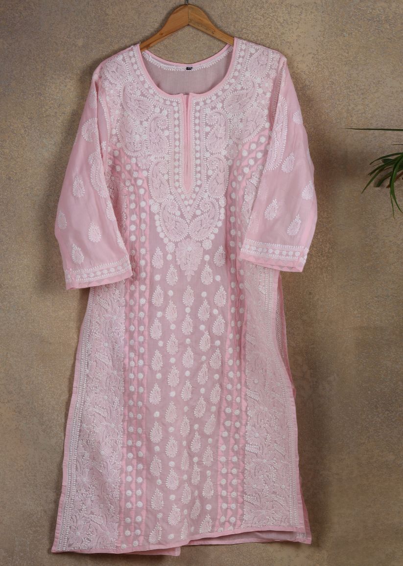 Firgun Pink Lucknowi Chikankari Cotton Kurta
