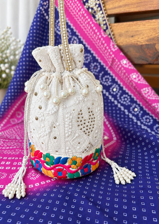Firgun White Lucknowi Chikankari Viscose Georgette Small Potli Bag with Mukaish Work