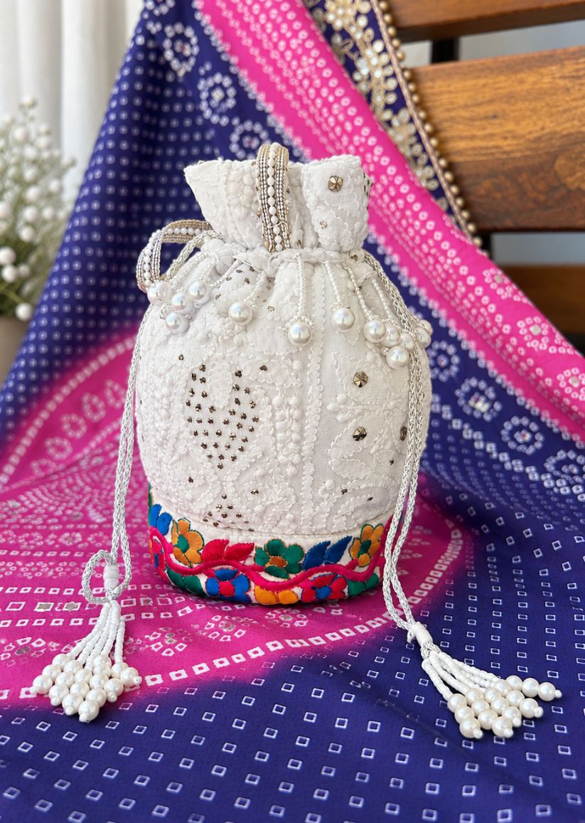 Firgun White Lucknowi Chikankari Viscose Georgette Small Potli Bag with Mukaish Work