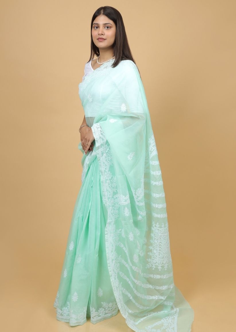 Firgun Mint Green Lucknowi Chikankari Organza Saree with Unstitched Blouse Piece