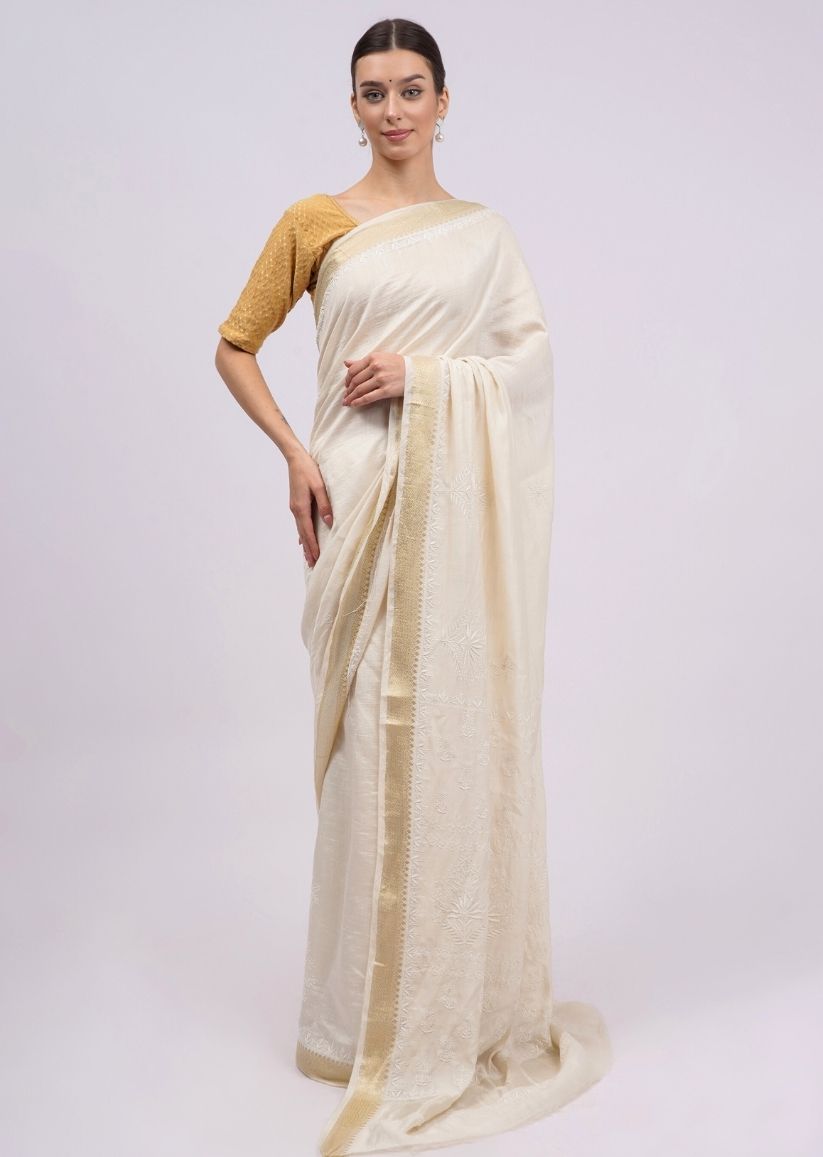 Firgun Ivory Lucknowi Chikankari Silk Saree with Unstitched Blouse Piece