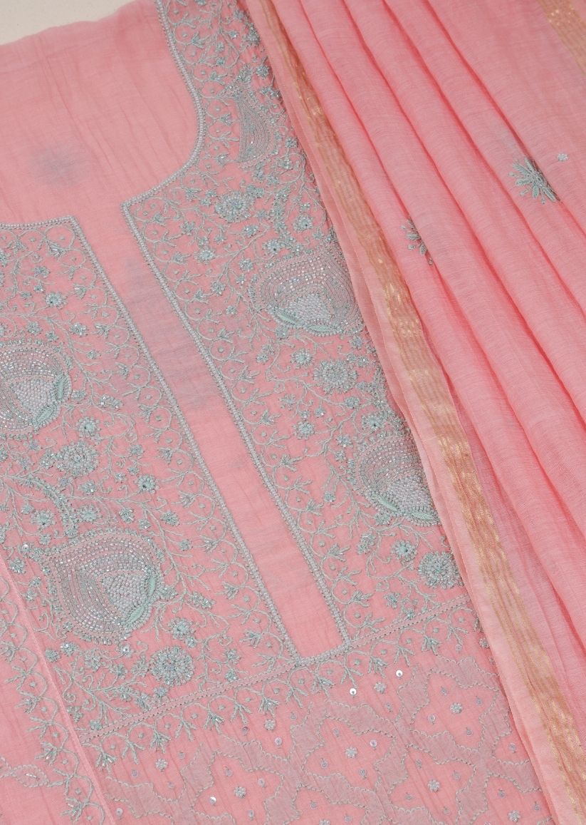 Firgun Salmon Pink Lucknowi Chikankari Mul Chanderi Unstitched Kurta & Dupatta Set