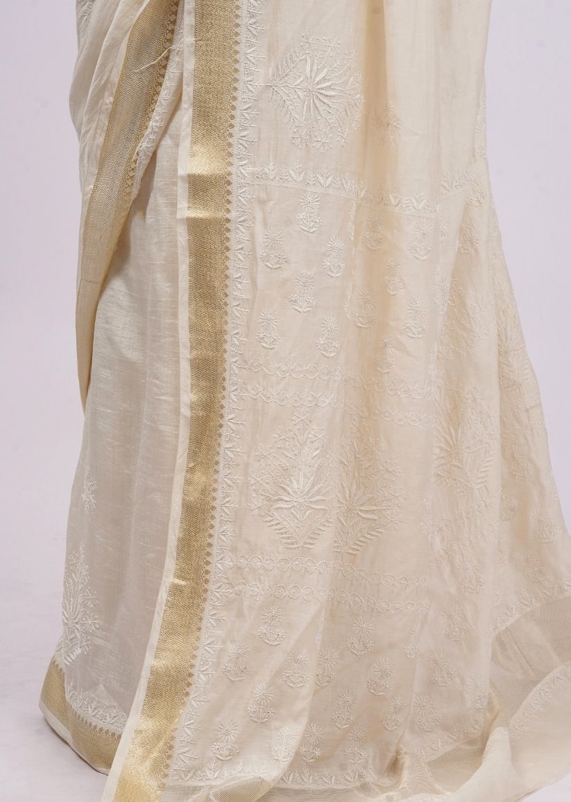 Firgun Ivory Lucknowi Chikankari Silk Saree with Unstitched Blouse Piece
