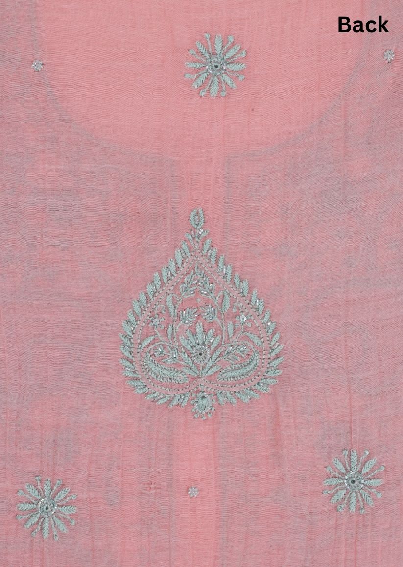 Firgun Salmon Pink Lucknowi Chikankari Mul Chanderi Unstitched Kurta & Dupatta Set
