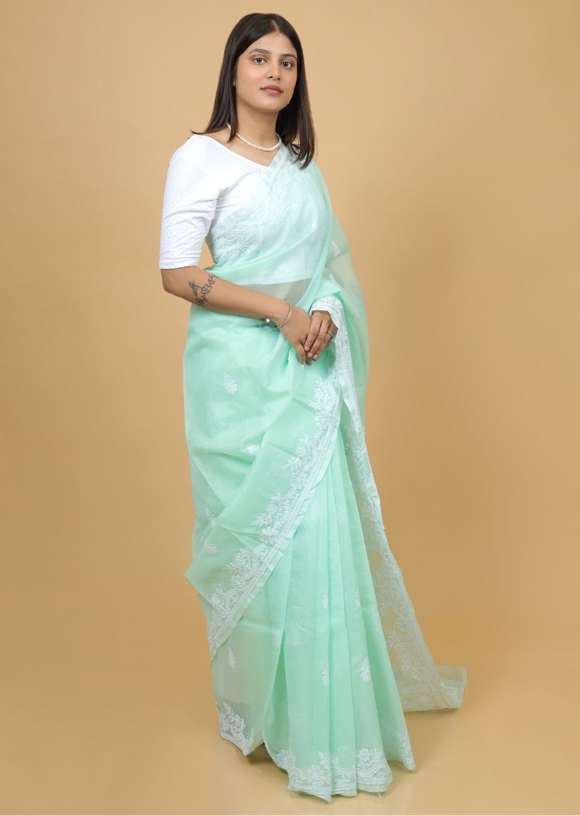 Firgun Mint Green Lucknowi Chikankari Organza Saree with Unstitched Blouse Piece
