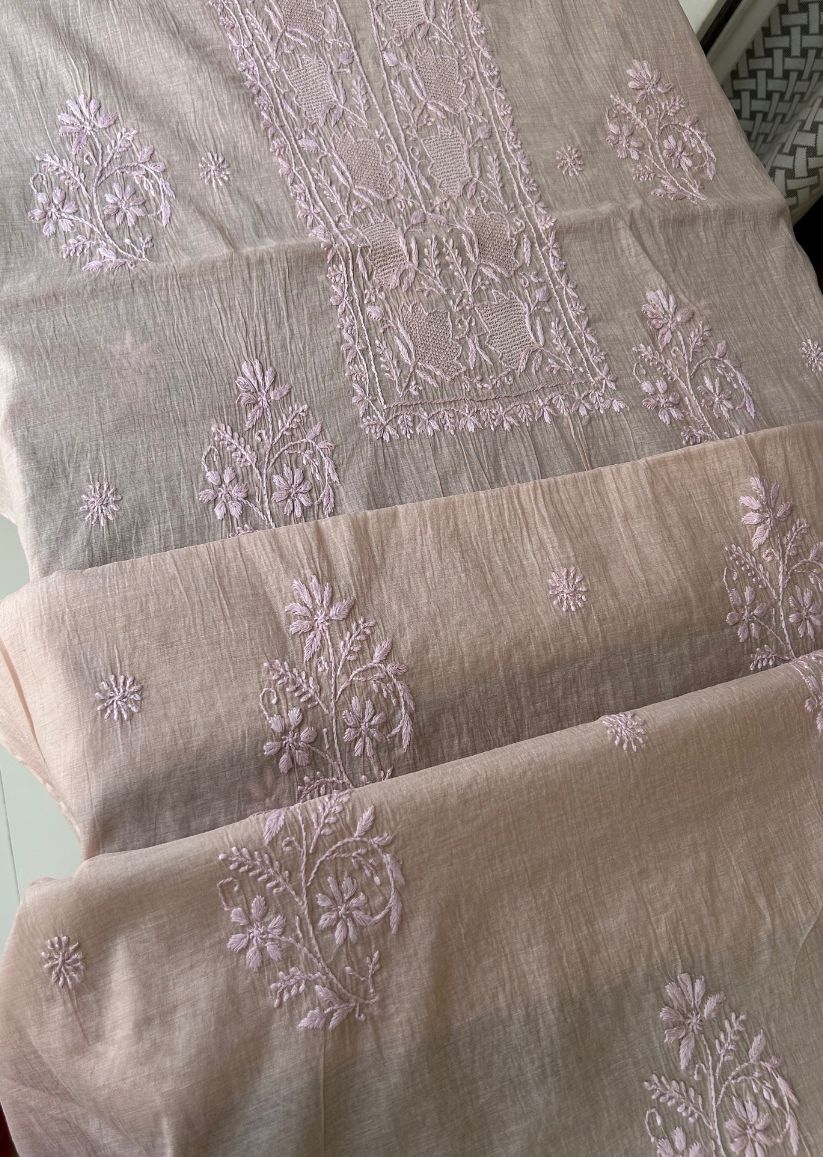 Firgun Dusty Beige Lucknowi Chikankari Mul Chanderi Unstitched Kurta & Dupatta Set