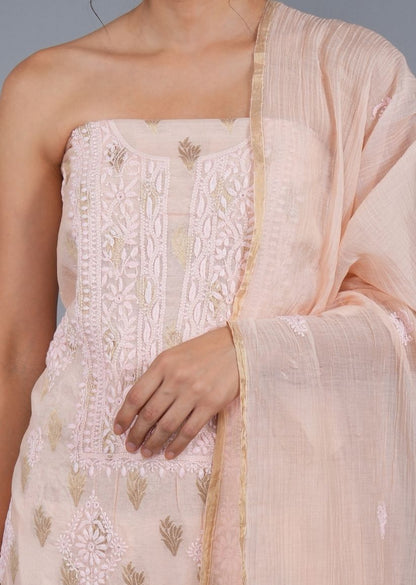Firgun Peach Lucknowi Chikankari Chanderi Unstitched Kurta & Dupatta Set