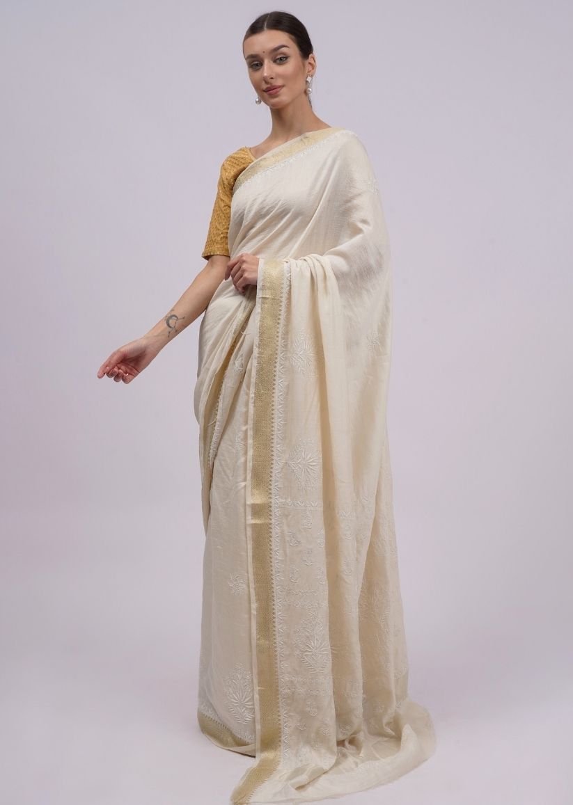 Firgun Ivory Lucknowi Chikankari Silk Saree with Unstitched Blouse Piece