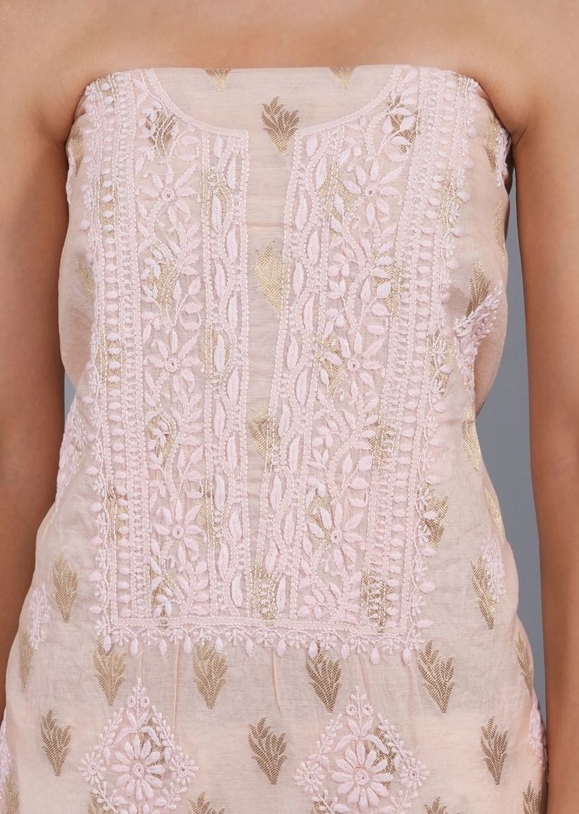 Firgun Peach Lucknowi Chikankari Chanderi Unstitched Kurta & Dupatta Set
