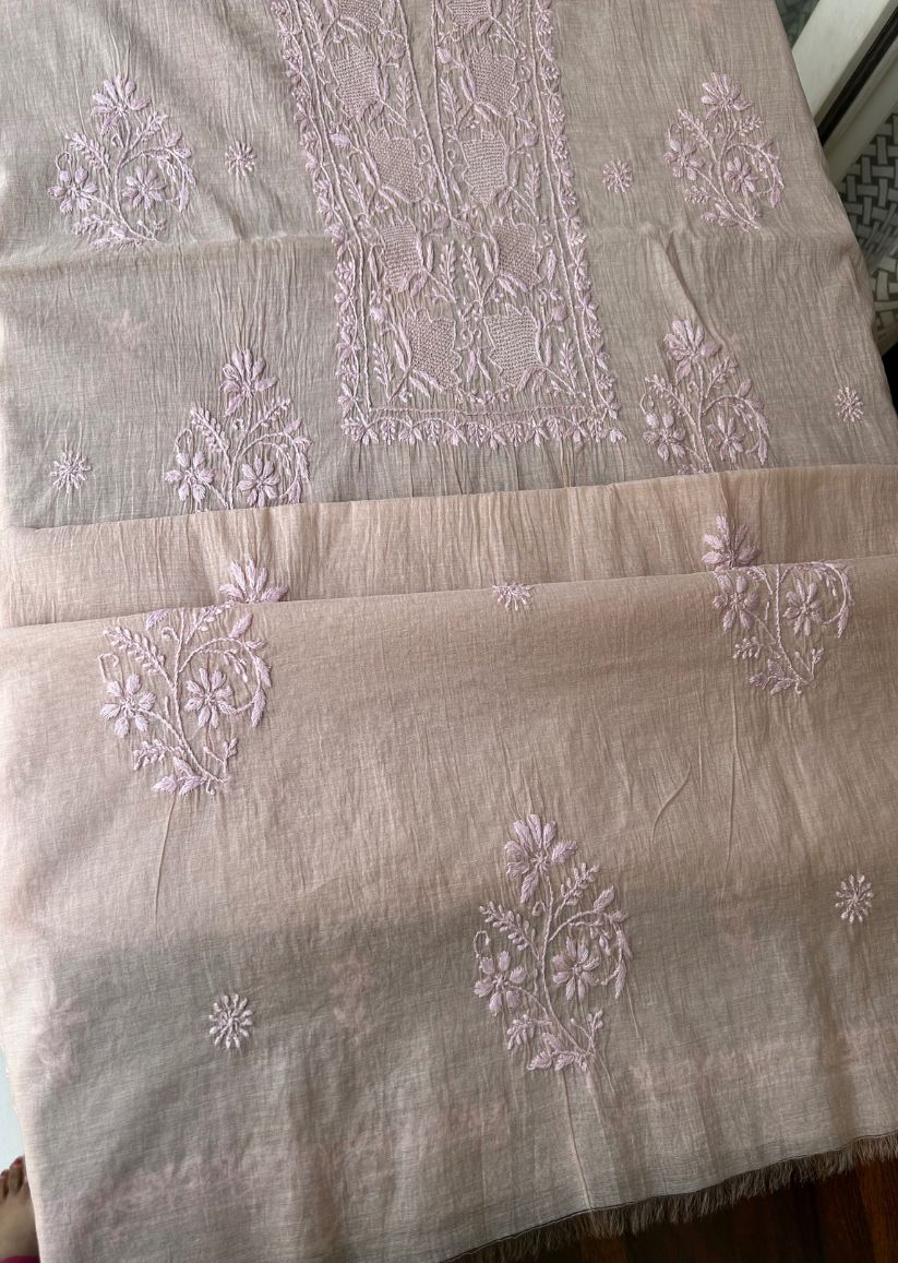 Firgun Dusty Beige Lucknowi Chikankari Mul Chanderi Unstitched Kurta & Dupatta Set