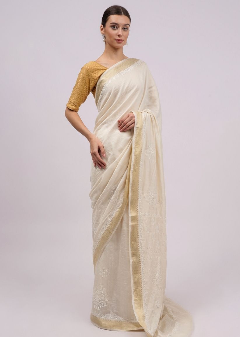 Firgun Ivory Lucknowi Chikankari Silk Saree with Unstitched Blouse Piece