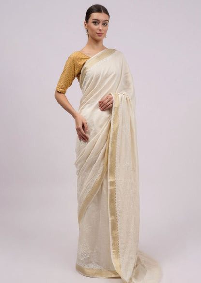 Firgun Ivory Lucknowi Chikankari Silk Saree with Unstitched Blouse Piece