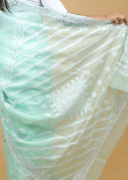 Firgun Mint Green Lucknowi Chikankari Organza Saree with Unstitched Blouse Piece