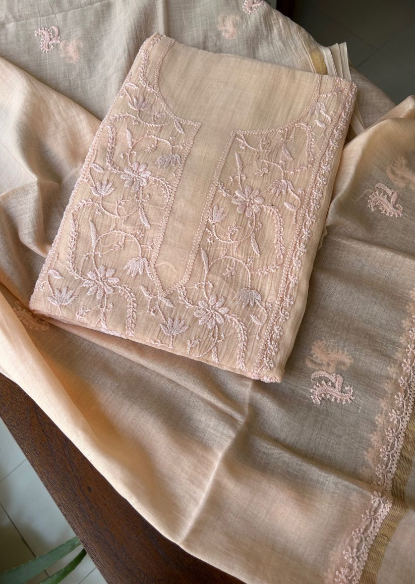 Firgun Pale Orange Lucknowi Chikankari Mul Chanderi Unstitched Kurta & Dupatta Set
