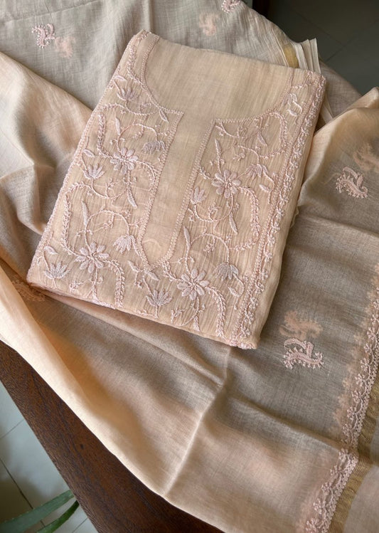 Firgun Pale Orange Lucknowi Chikankari Mul Chanderi Unstitched Kurta & Dupatta Set