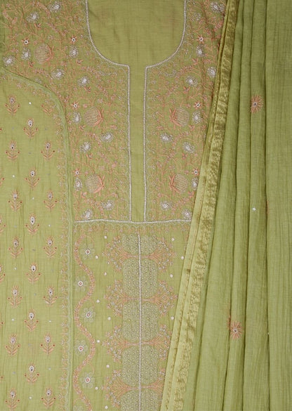 Firgun Mehendi Green Lucknowi Chikankari & Pearl Work Mul Chanderi Unstitched Kurta & Dupatta Set