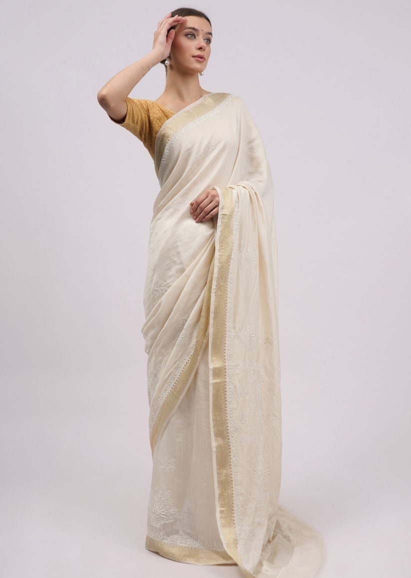 Firgun Ivory Lucknowi Chikankari Silk Saree with Unstitched Blouse Piece