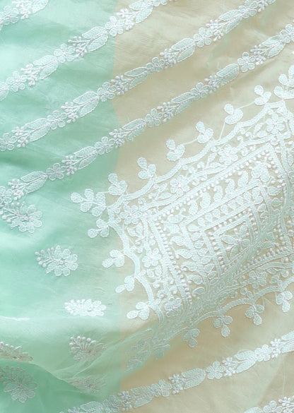 Firgun Mint Green Lucknowi Chikankari Organza Saree with Unstitched Blouse Piece