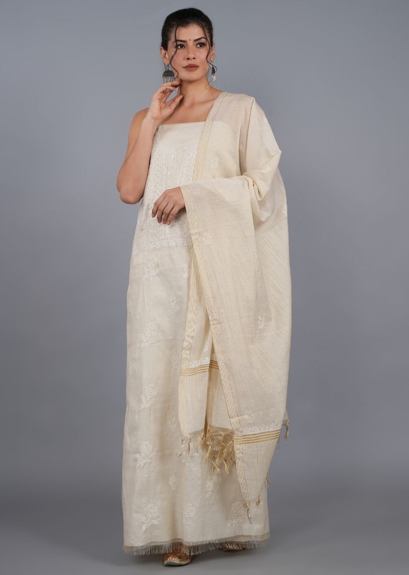 Firgun Beige Lucknowi Chikankari Tissue Chanderi Unstitched Kurta & Dupatta Set