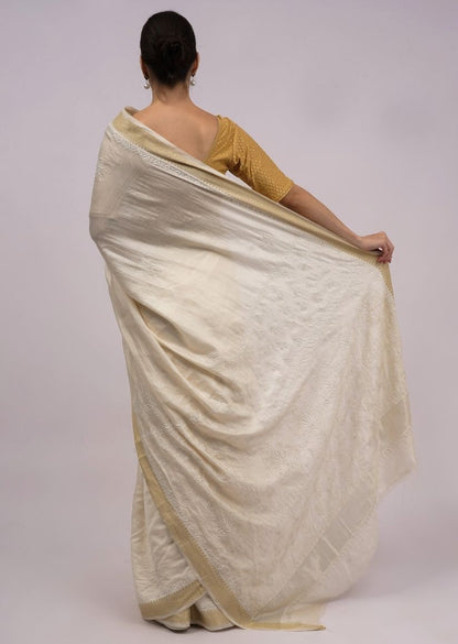 Firgun Ivory Lucknowi Chikankari Silk Saree with Unstitched Blouse Piece