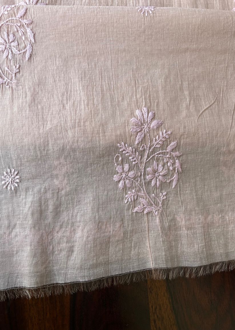 Firgun Dusty Beige Lucknowi Chikankari Mul Chanderi Unstitched Kurta & Dupatta Set