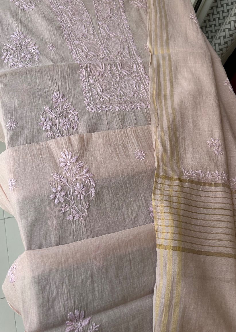 Firgun Dusty Beige Lucknowi Chikankari Mul Chanderi Unstitched Kurta & Dupatta Set