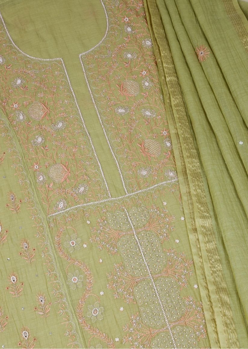 Firgun Mehendi Green Lucknowi Chikankari & Pearl Work Mul Chanderi Unstitched Kurta & Dupatta Set