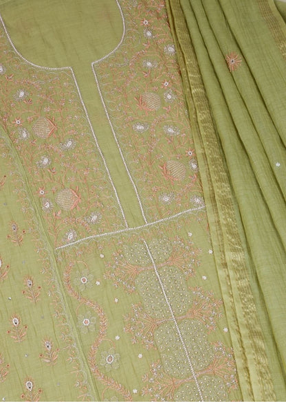 Firgun Mehendi Green Lucknowi Chikankari & Pearl Work Mul Chanderi Unstitched Kurta & Dupatta Set