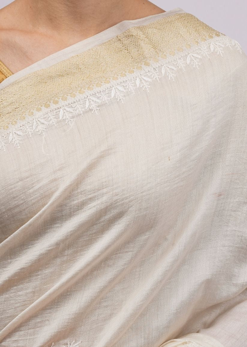 Firgun Ivory Lucknowi Chikankari Silk Saree with Unstitched Blouse Piece
