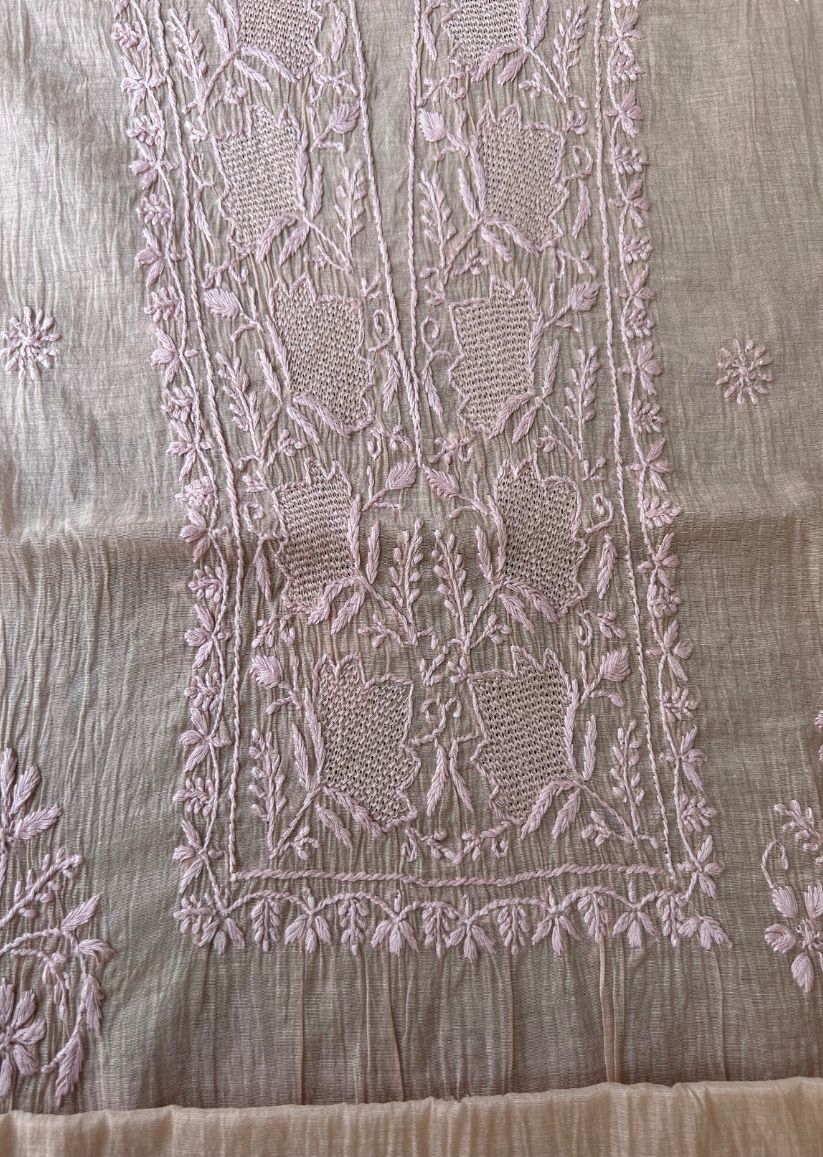 Firgun Dusty Beige Lucknowi Chikankari Mul Chanderi Unstitched Kurta & Dupatta Set