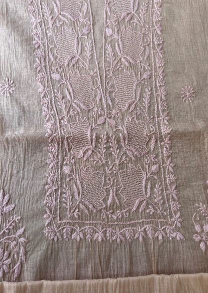 Firgun Dusty Beige Lucknowi Chikankari Mul Chanderi Unstitched Kurta & Dupatta Set