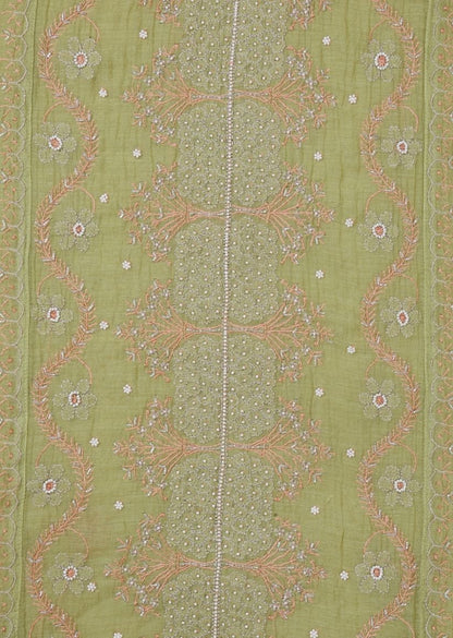 Firgun Mehendi Green Lucknowi Chikankari & Pearl Work Mul Chanderi Unstitched Kurta & Dupatta Set