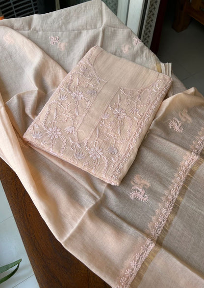 Firgun Pale Orange Lucknowi Chikankari Mul Chanderi Unstitched Kurta & Dupatta Set