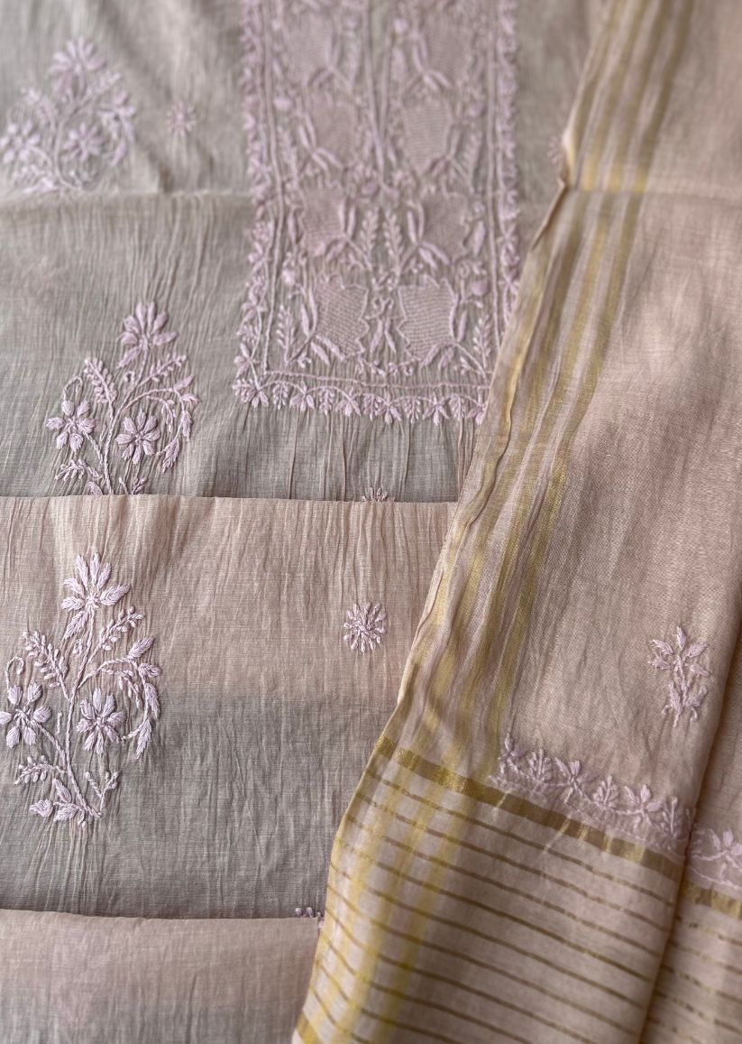 Firgun Dusty Beige Lucknowi Chikankari Mul Chanderi Unstitched Kurta & Dupatta Set