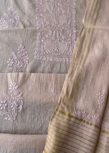 Firgun Dusty Beige Lucknowi Chikankari Mul Chanderi Unstitched Kurta & Dupatta Set
