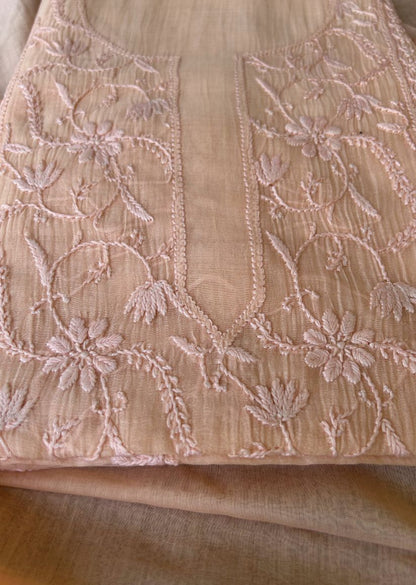 Firgun Pale Orange Lucknowi Chikankari Mul Chanderi Unstitched Kurta & Dupatta Set