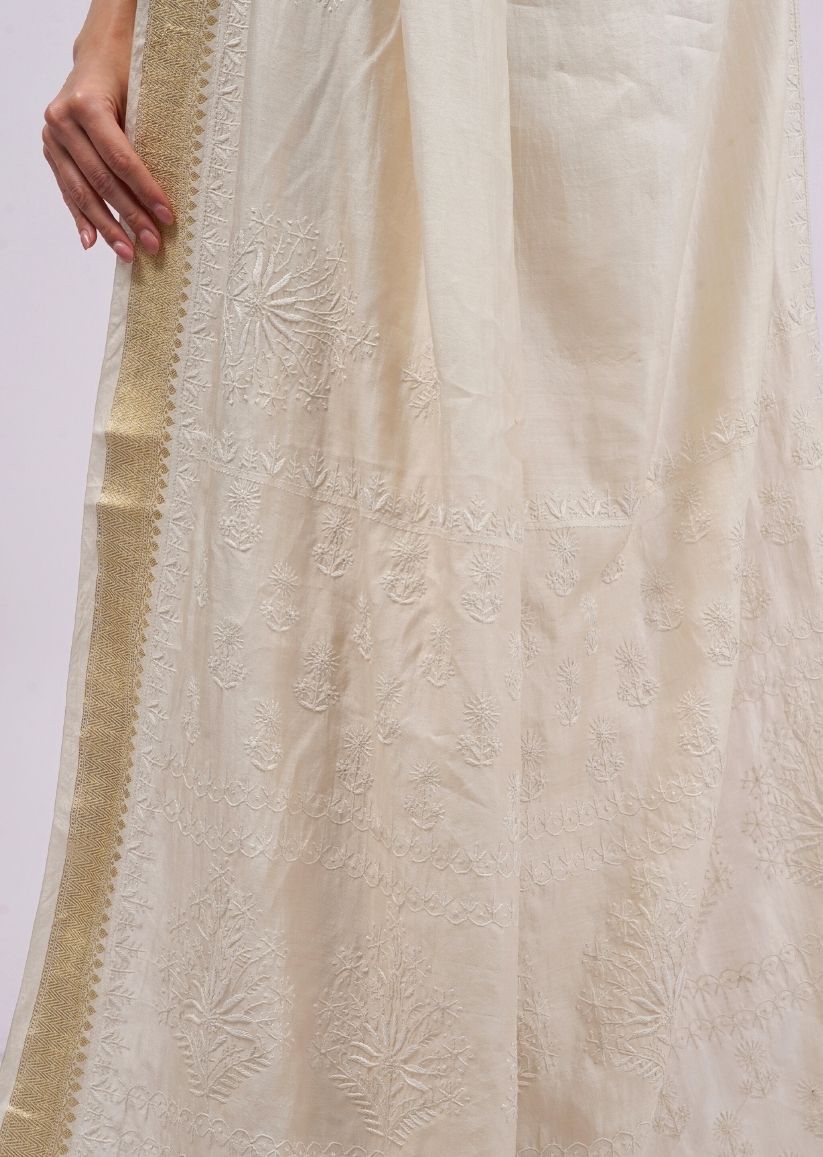 Firgun Ivory Lucknowi Chikankari Silk Saree with Unstitched Blouse Piece