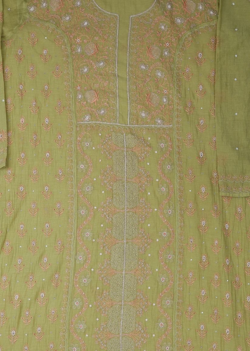 Firgun Mehendi Green Lucknowi Chikankari & Pearl Work Mul Chanderi Unstitched Kurta & Dupatta Set