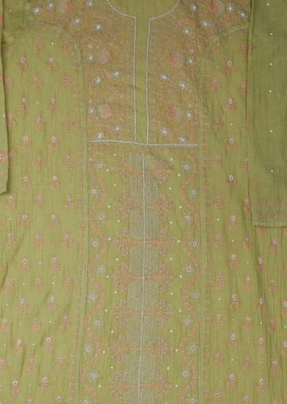 Firgun Mehendi Green Lucknowi Chikankari & Pearl Work Mul Chanderi Unstitched Kurta & Dupatta Set