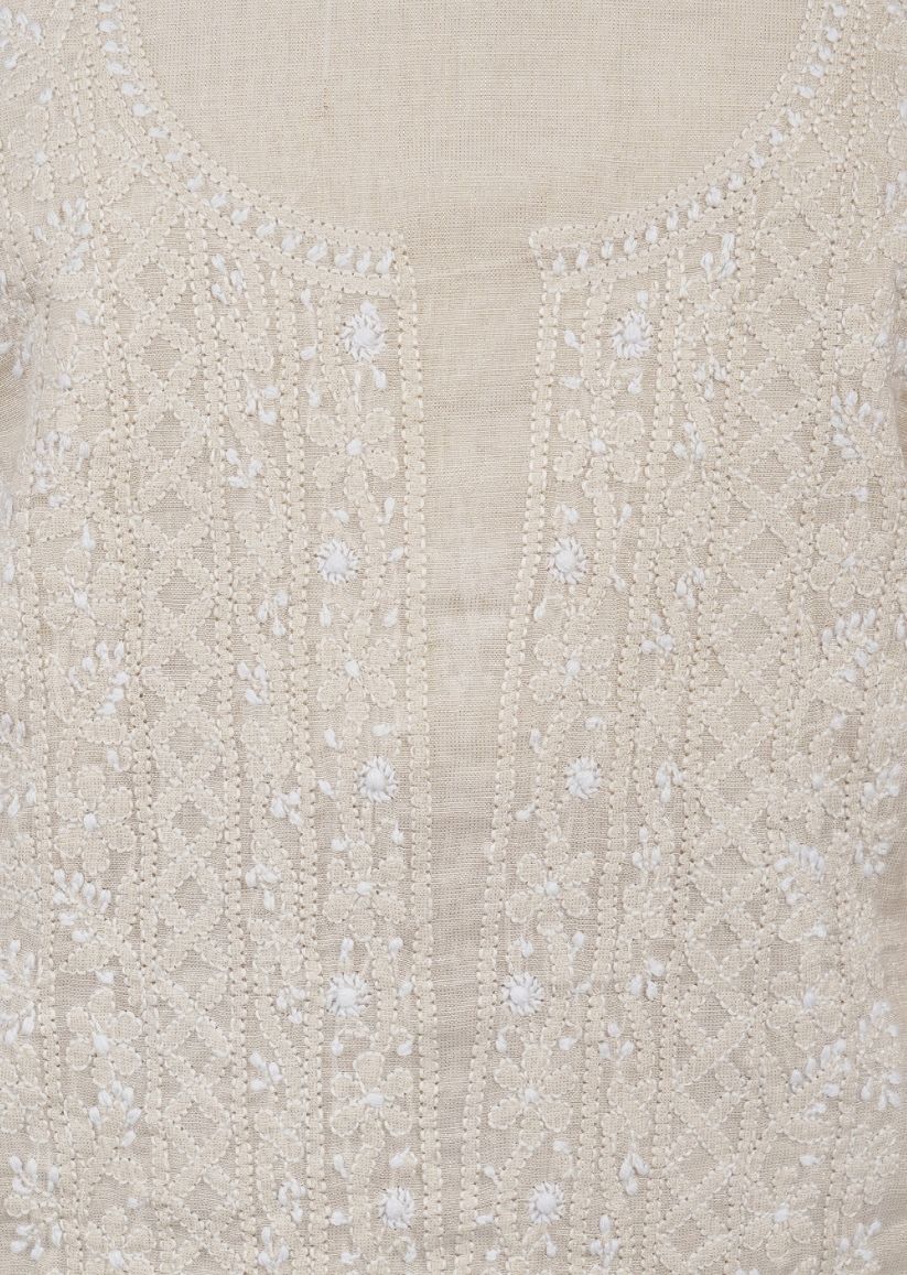 Firgun Beige Lucknowi Chikankari Tissue Chanderi Unstitched Kurta & Dupatta Set