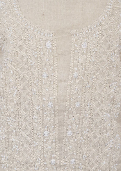 Firgun Beige Lucknowi Chikankari Tissue Chanderi Unstitched Kurta & Dupatta Set