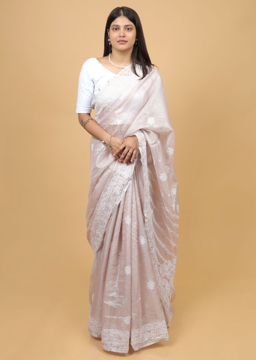 Firgun Pink Lucknowi Chikankari Tissue Organza Saree with Blouse Piece