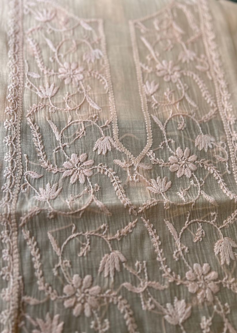 Firgun Pale Orange Lucknowi Chikankari Mul Chanderi Unstitched Kurta & Dupatta Set